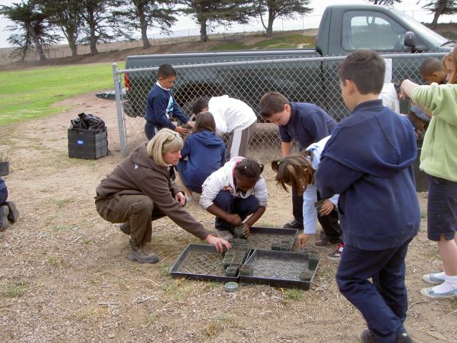 Sowing native seeds at Olson Elementary school. Students learn all about the restoration process at Fort Ord.&nbsp;