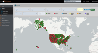 Screenshot of a map of North America with many red and green pinpoints on it