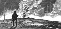 A silhouette of a man with rising steam and trees in the background. 